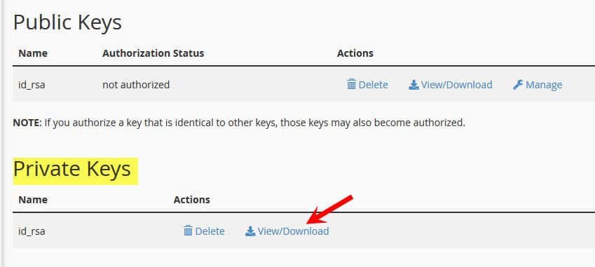 Dưới tab Private Keys quý khách click View/Download ở phần key vừa tạo.